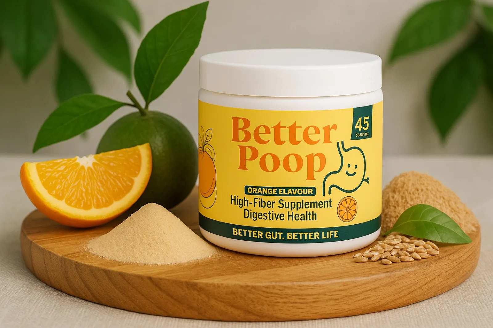 betterpoop jar with orange, wheat, and psyllium ingredients